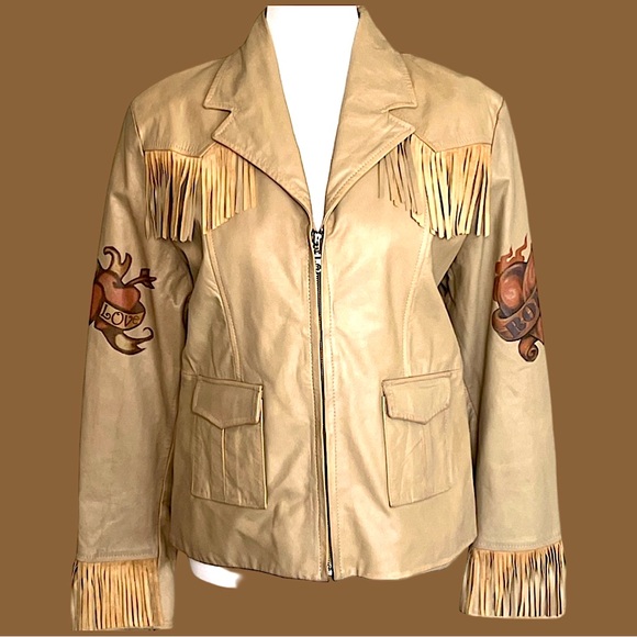 SCULLY “Rodeo Cowboy Fringe Love Tattoo” Leather Jacket Size L Western Rodeo Y2K - Picture 6 of 15